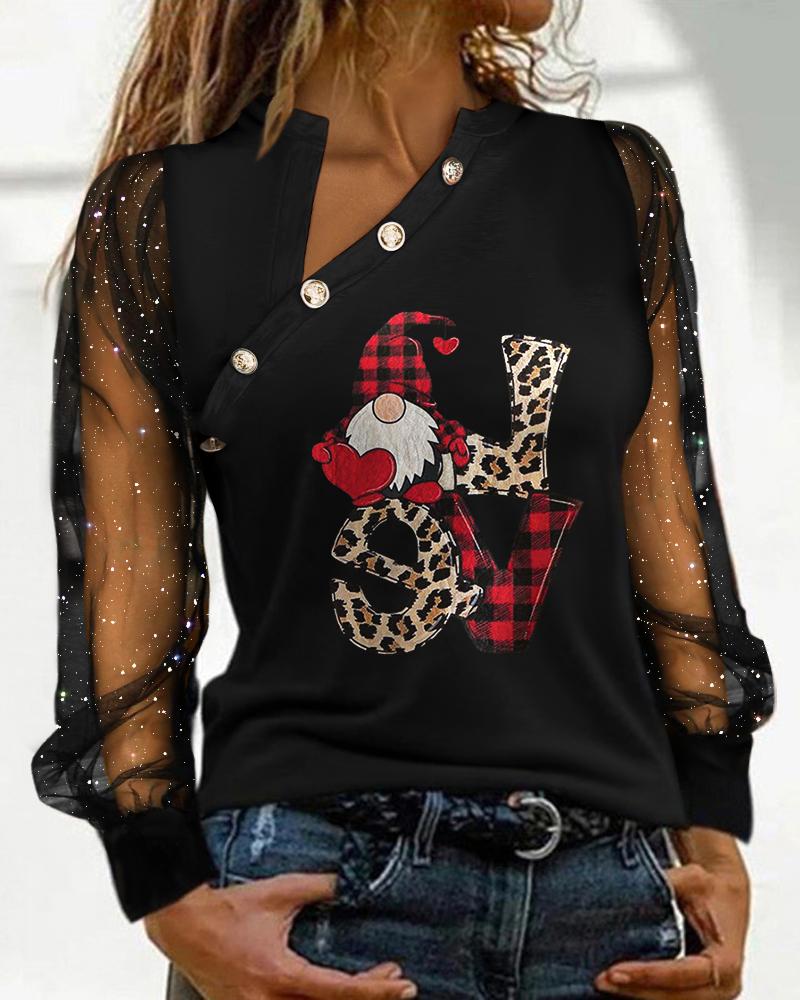 Christmas Gnome Print Glitter Sheer Mesh Long Sleeve Top