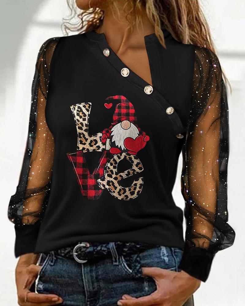 Christmas Gnome Print Glitter Sheer Mesh Long Sleeve Top