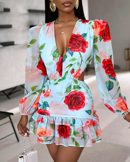 Floral Print Ruffles Layered Dress