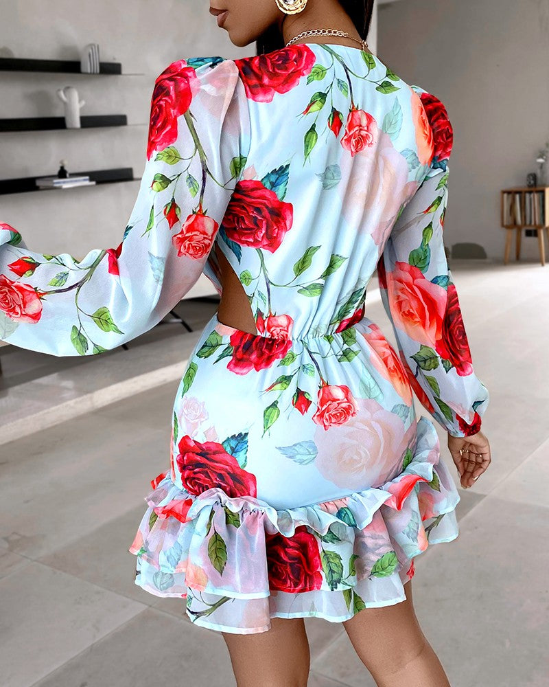 Floral Print Ruffles Layered Dress