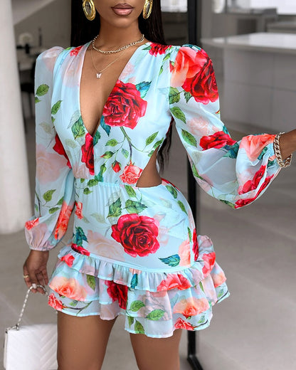 Floral Print Ruffles Layered Dress