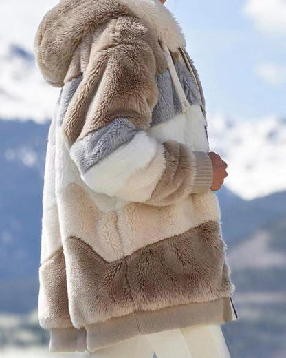 Colorblock Long Sleeve Fuzzy Hooded Zip Up Teddy Coat