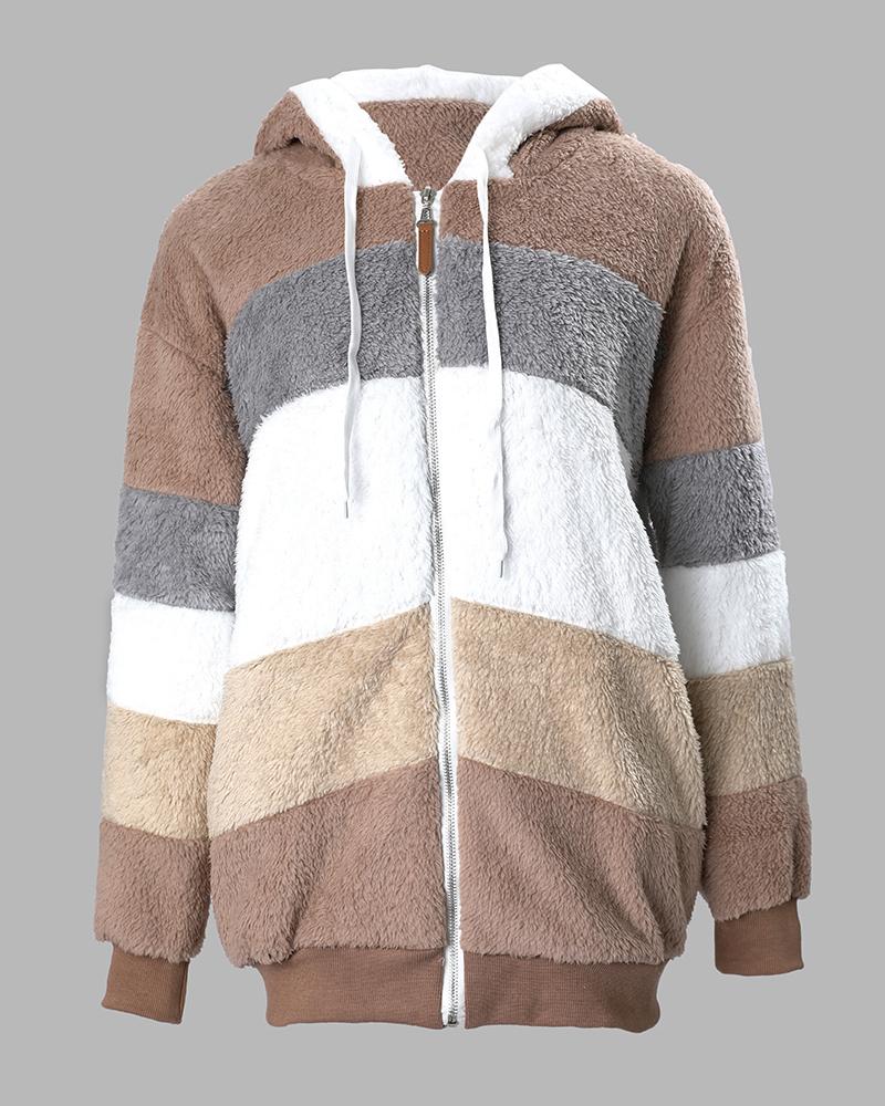 Colorblock Long Sleeve Fuzzy Hooded Zip Up Teddy Coat