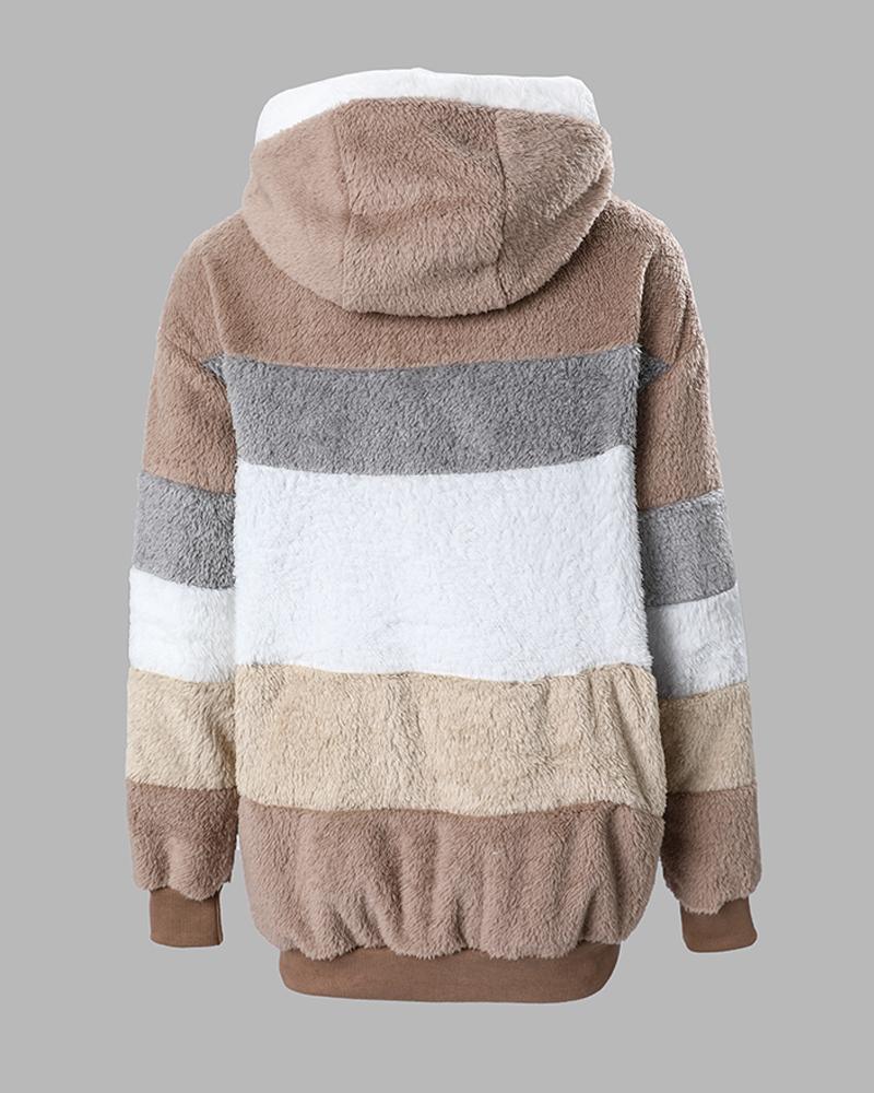 Colorblock Long Sleeve Fuzzy Hooded Zip Up Teddy Coat