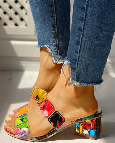 Colorful Geo Applique Chunky Heeled Sandals