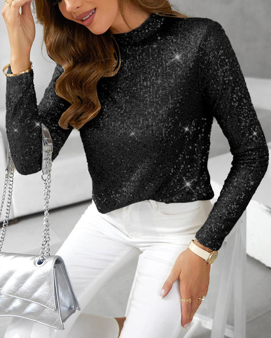 Mock Neck Allover Sequin Top