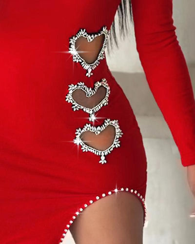 Hollow Heart Pattern Rhinestone Bodycon Dress