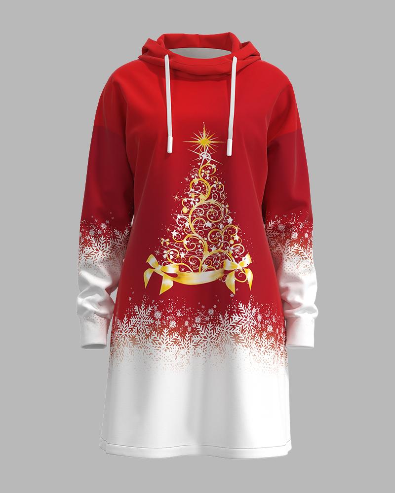 Christmas Tree Snowflake Print Long Sleeve Dress