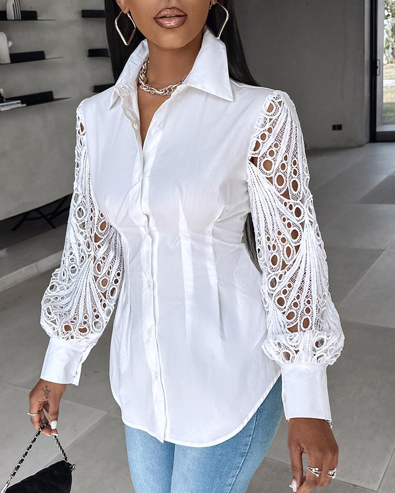 Lantern Sleeve Eyelet Embroidery Top