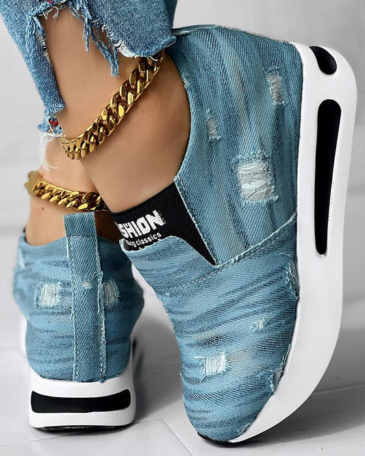 Denim Ripped Platform Slip On Muffin Sneakers