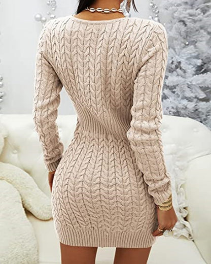 Zipper Front Cable Knit Sweater Dress