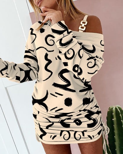 Abstract Print Cold Shoulder Drawstring Long Sleeve Dress