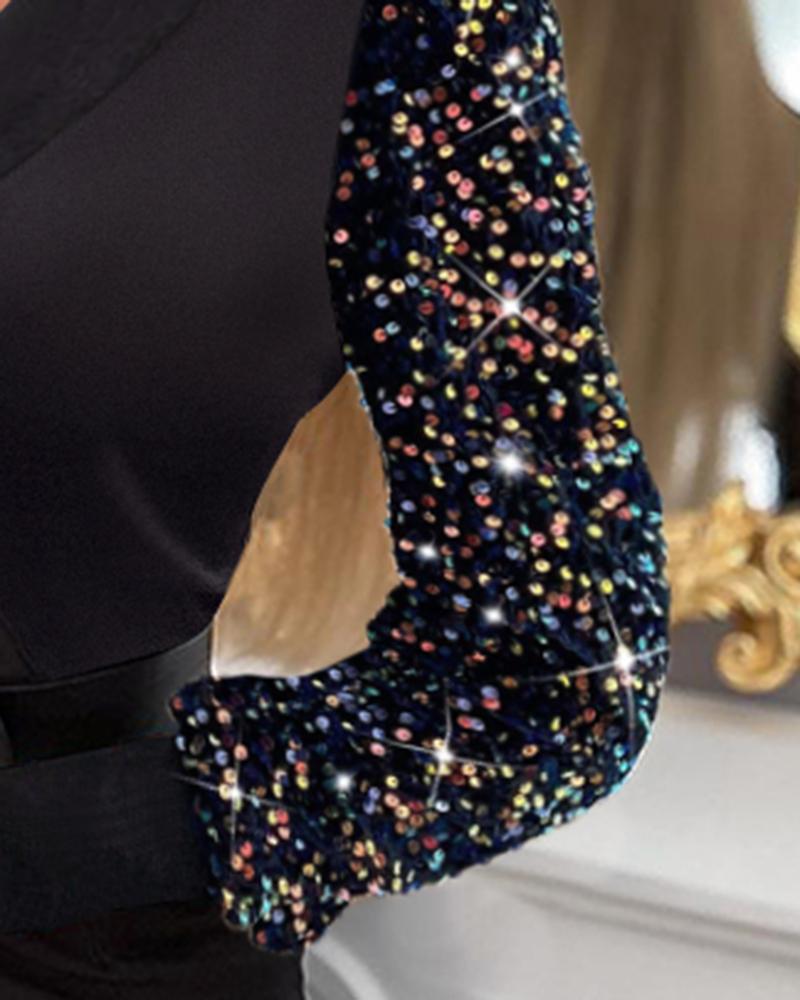 Colorblock Contrast Sequin Wrap Work Dress