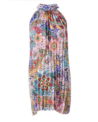 Paisley Print Halter Casual Pleated Dress