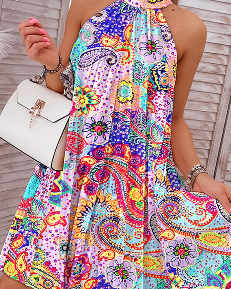 Paisley Print Halter Casual Pleated Dress