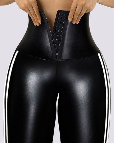 Striped Hook Front Tummy Control PU Leather Leggings