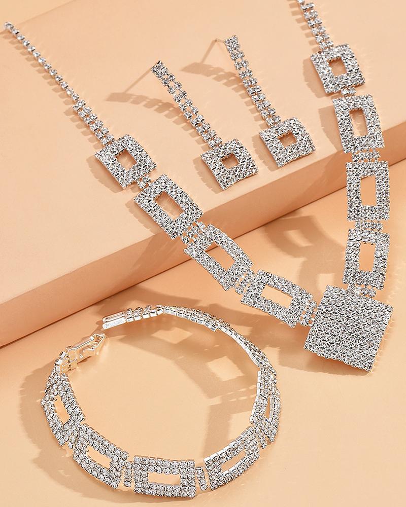 3PCS Allover Rhinestone Hollow Out Square Pendant Necklace & Drop Earrings & Bracelet Evening Party Wedding Jewelry Set