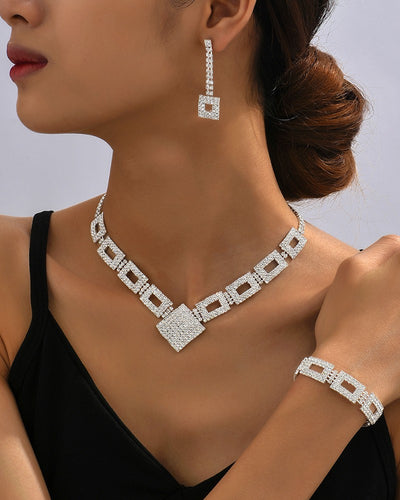 3PCS Allover Rhinestone Hollow Out Square Pendant Necklace & Drop Earrings & Bracelet Evening Party Wedding Jewelry Set