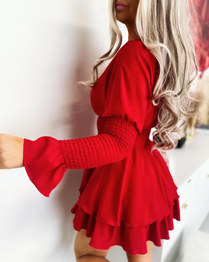 Bell Sleeve Shirred Ruffles Casual Dress