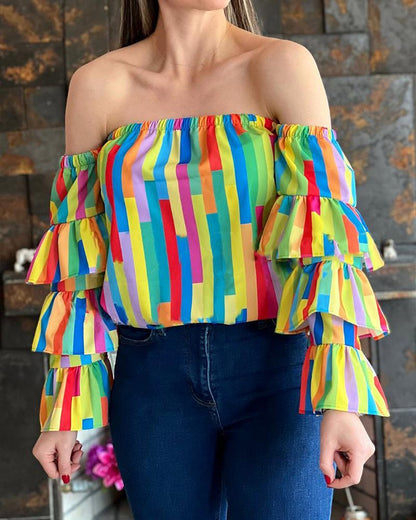 Geometric Print Off Shoulder Layered Sleeve Top