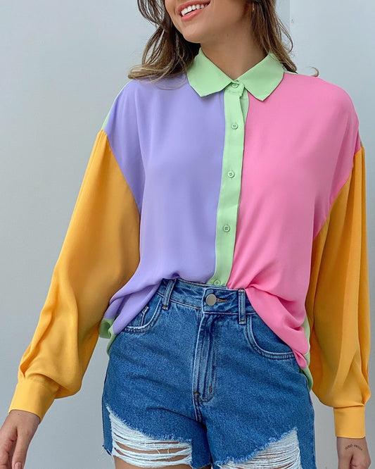 Colorblock Button Front Long Sleeve Shirt