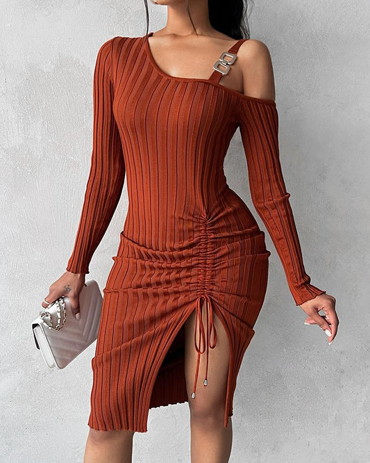 Chain Decor Drawstring Knit Sweater Dress