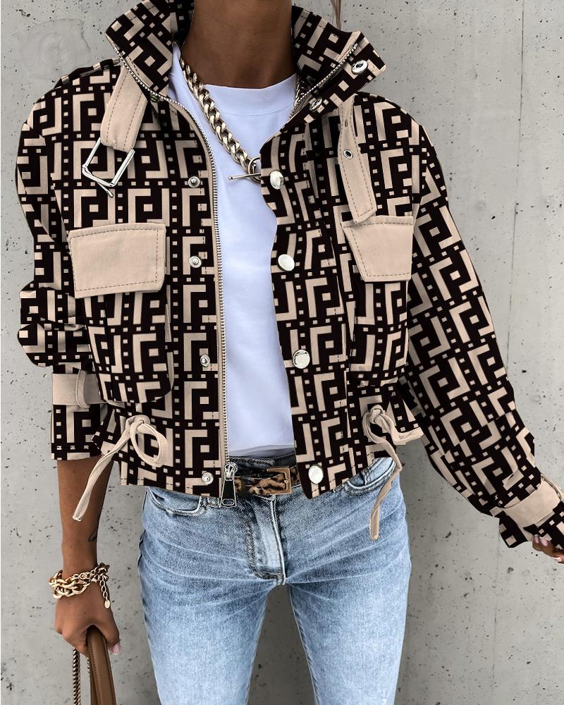 Geometric Print Pocket Design Biker Jacket