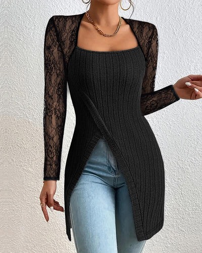 Lace Patch Overlap Long Sleeve Top