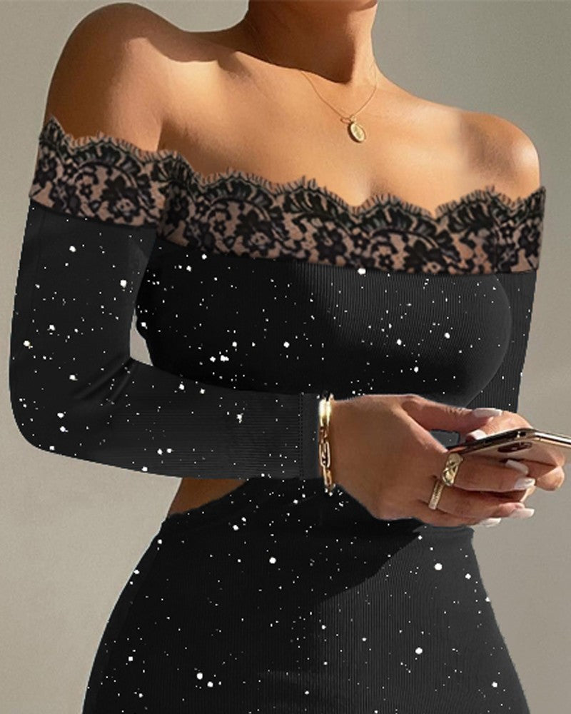 Glitter Contrast Lace Off Shoulder Cutout Bodycon Dress
