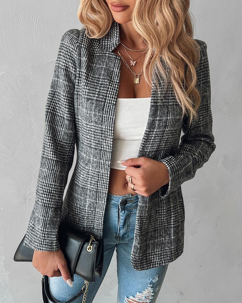 Plaid Pattern Notched Collar Blazer Coat