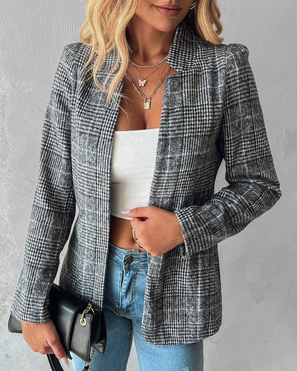 Plaid Pattern Notched Collar Blazer Coat