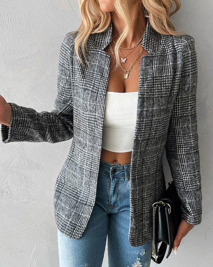 Plaid Pattern Notched Collar Blazer Coat