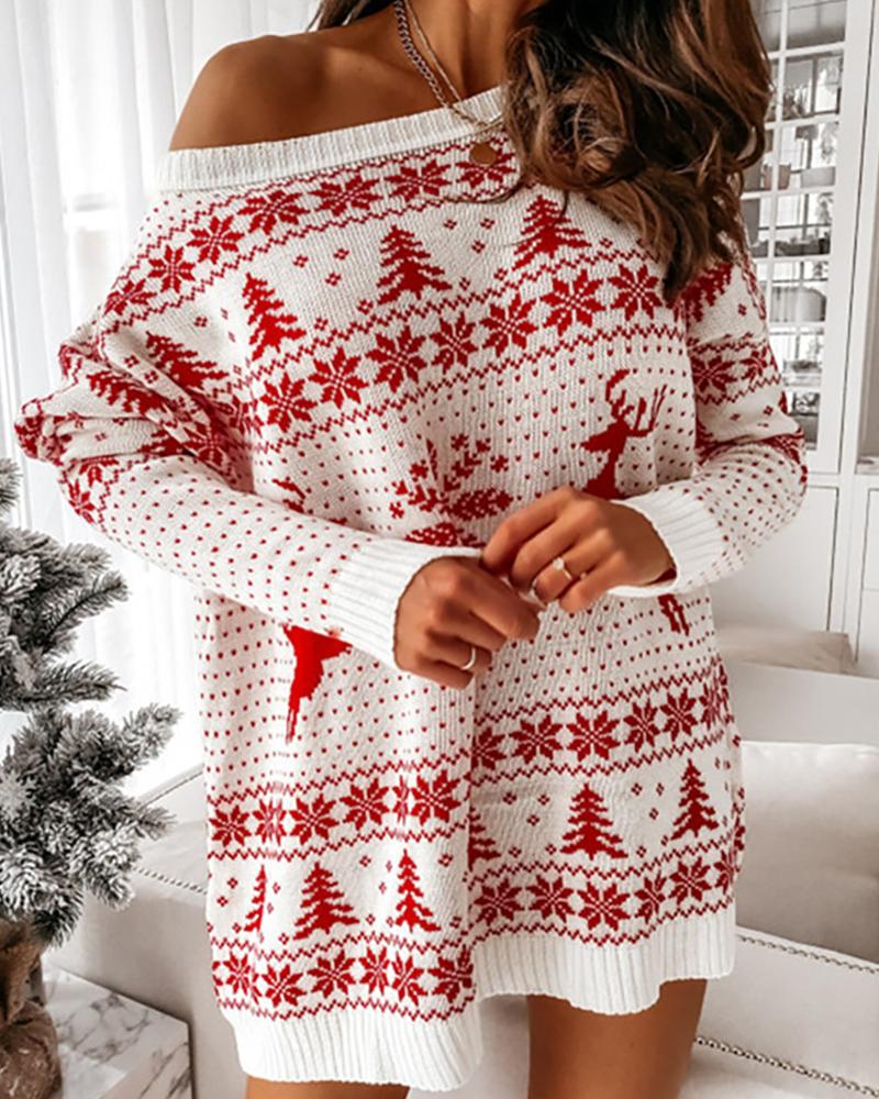 Christmas Print Long Sleeve Knit Dress