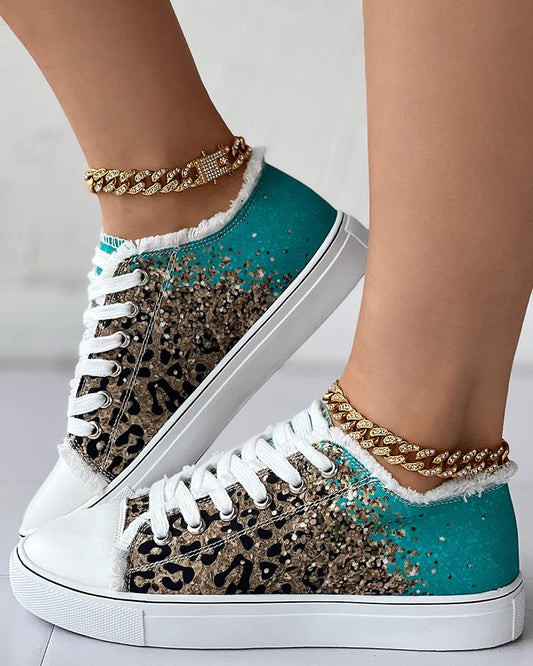 Contrast Leopard Fringe Hem Lace up Canvas Sneakers