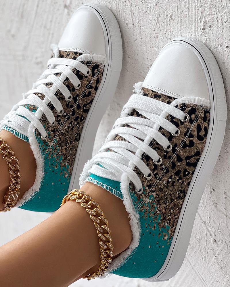 Contrast Leopard Fringe Hem Lace up Canvas Sneakers