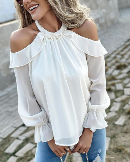 Pearls Decor Ruffles Cold Shoulder Top