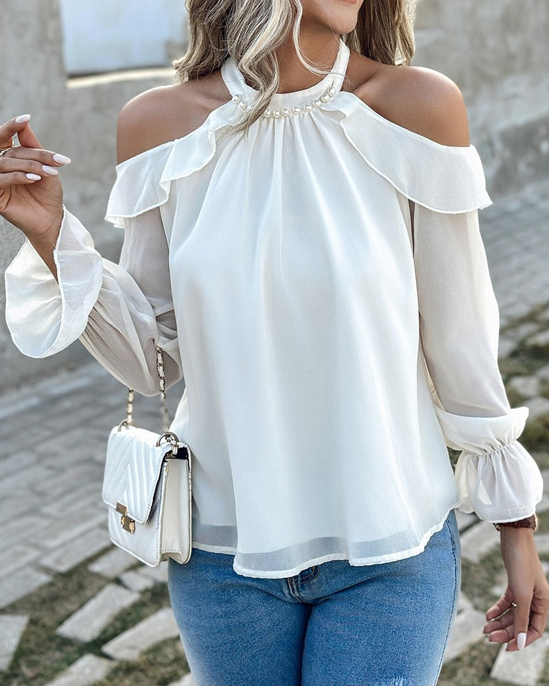 Pearls Decor Ruffles Cold Shoulder Top