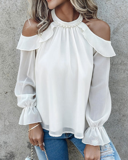 Pearls Decor Ruffles Cold Shoulder Top