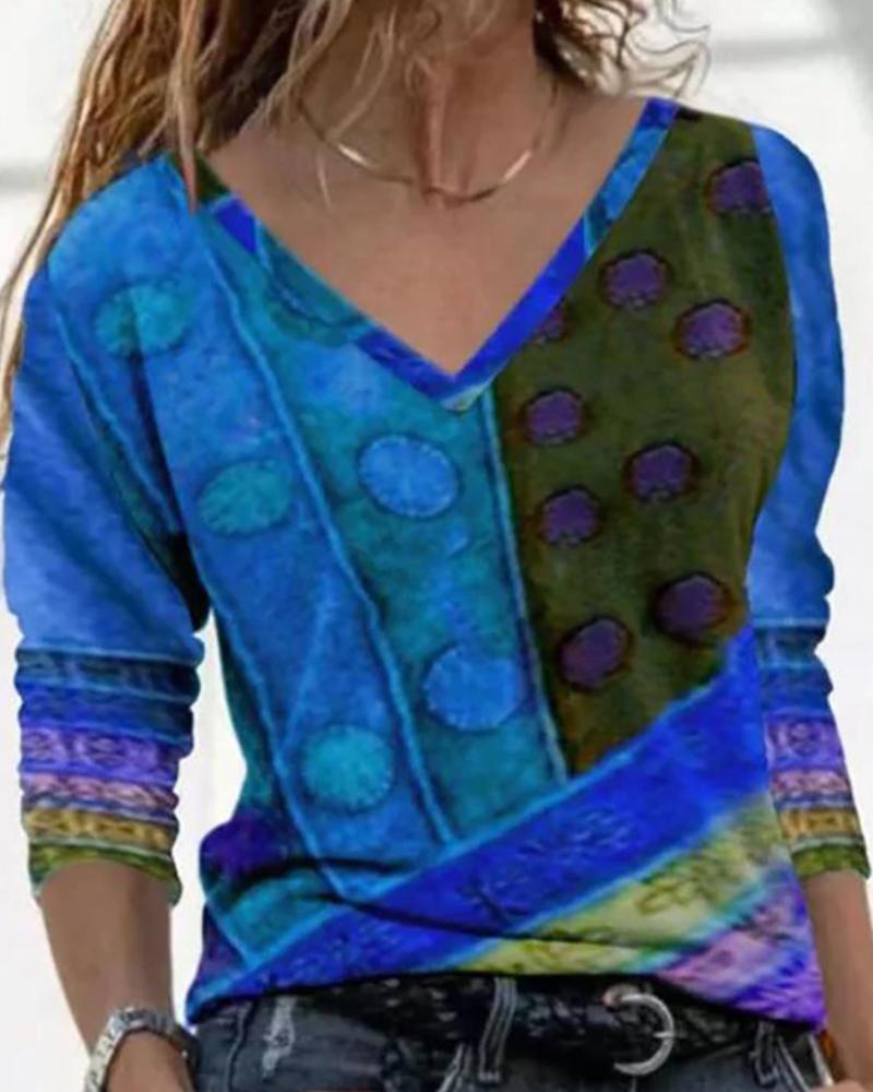 V Neck Colorblock Long Sleeve Abstract Print Top