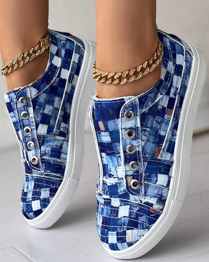 Denim Look Print Eyelet Canvas Sneakers