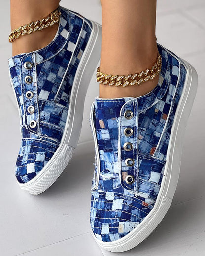 Denim Look Print Eyelet Canvas Sneakers