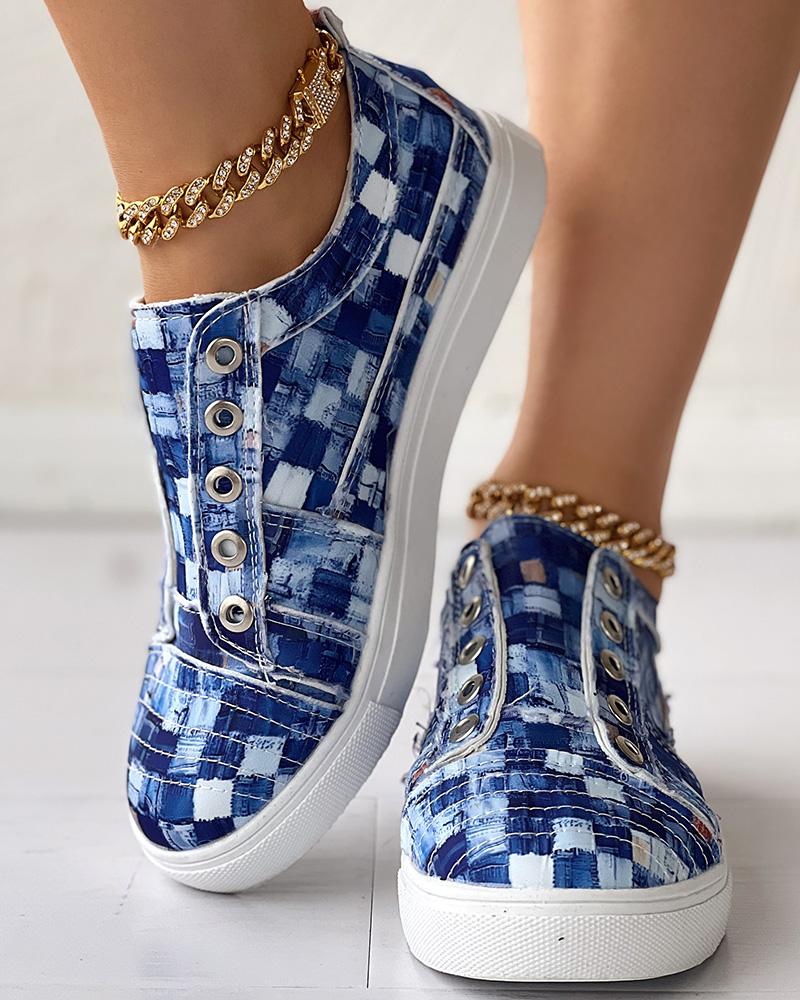 Denim Look Print Eyelet Canvas Sneakers