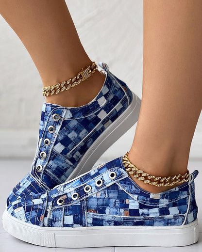 Denim Look Print Eyelet Canvas Sneakers