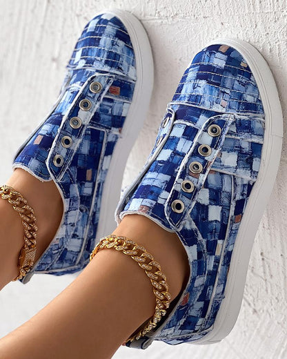 Denim Look Print Eyelet Canvas Sneakers