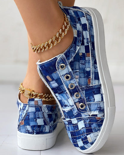 Denim Look Print Eyelet Canvas Sneakers