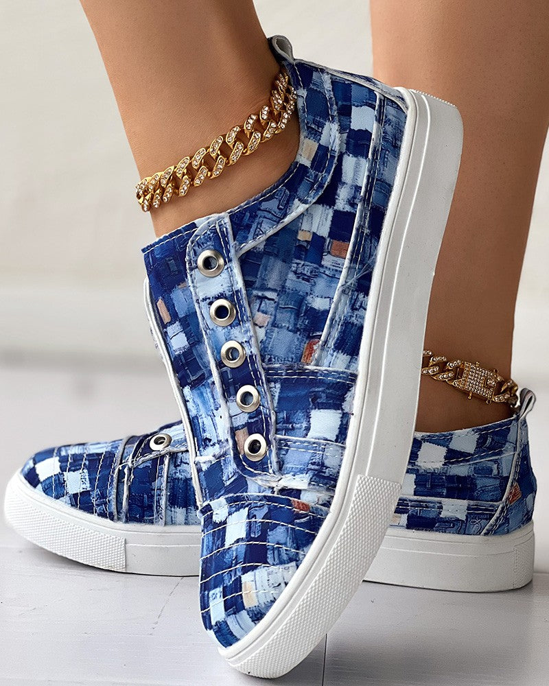 Denim Look Print Eyelet Canvas Sneakers