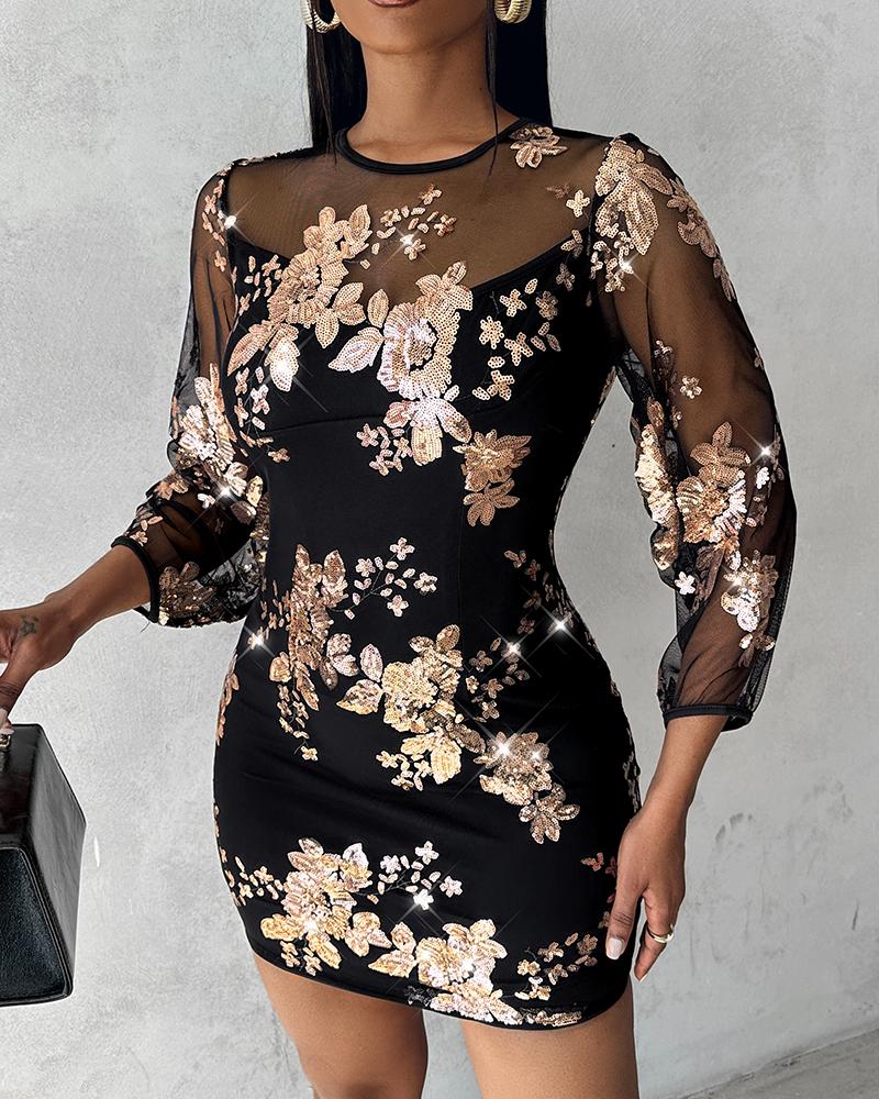 Floral Pattern Contrast Sequin Sheer Mesh Party Dress