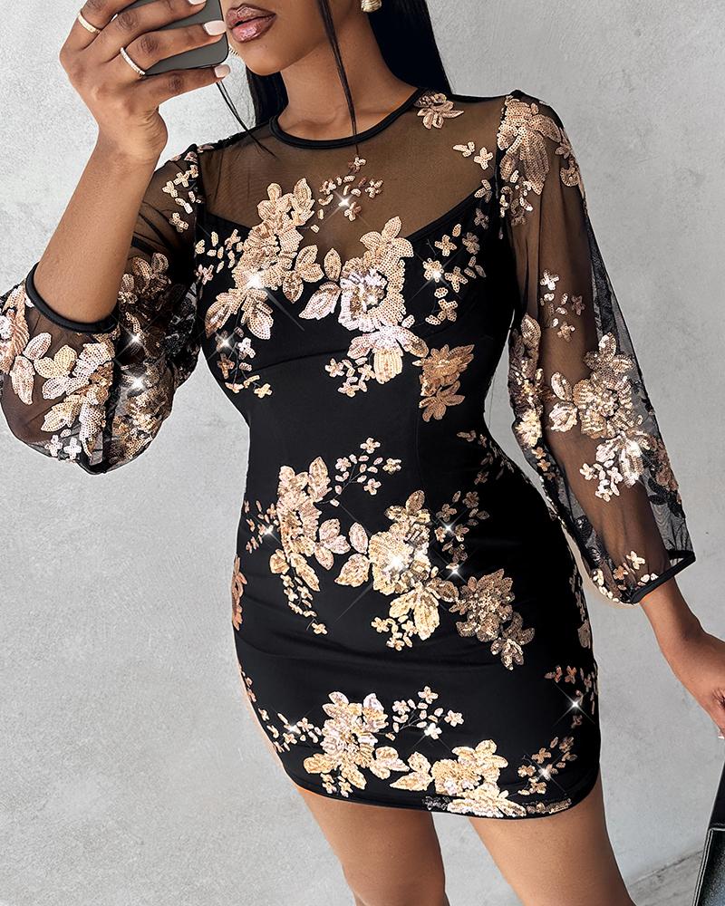 Floral Pattern Contrast Sequin Sheer Mesh Party Dress