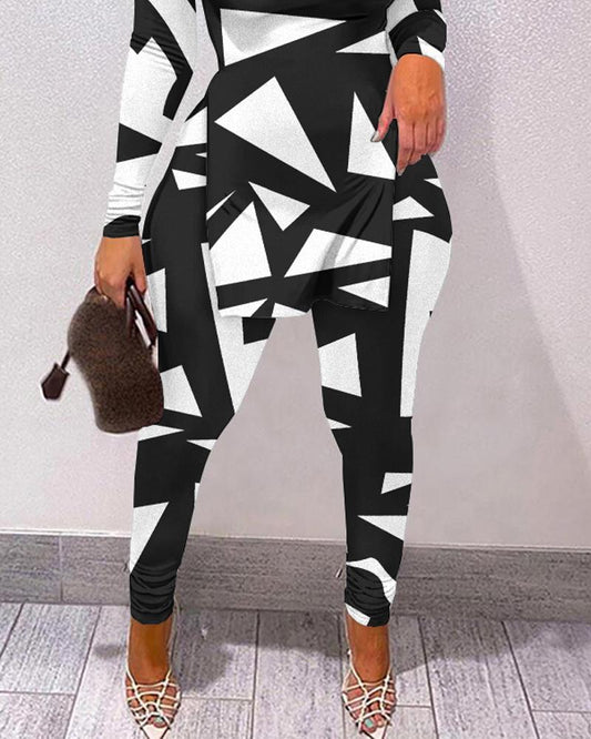 Geometric Print Split Hem Long Sleeve Top & Pants Set