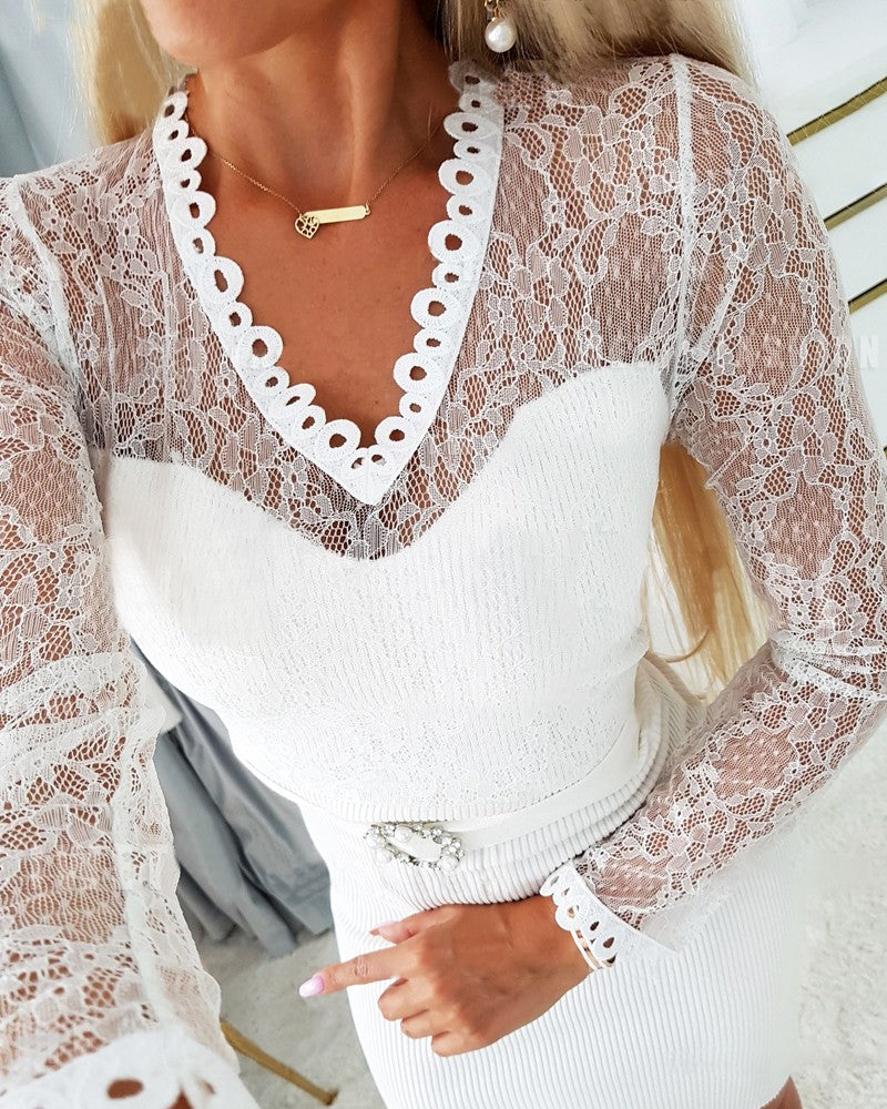 Contrast Lace Long Sleeve Sweater Dress